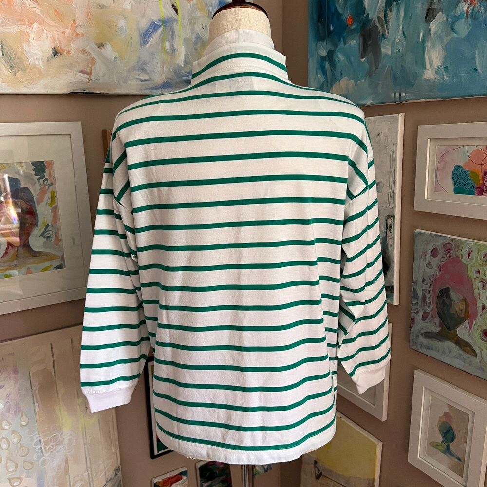 Vintage Mock Neck Sweatshirt Erika Green White Striped Floral Cottagecore Sz SP - Picture 3 of 11